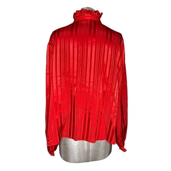 Laura Mae Red Top - Frilly Highneck Tie Button down - perfect for holiday season - Picture 4 of 5